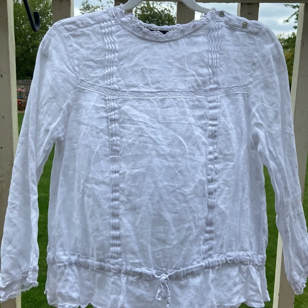 Zara Basic White Ruffles Size M, drawstring floral knit around neck and sleeves - Picture 3 of 16